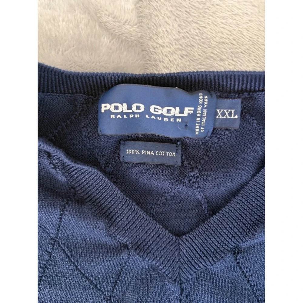 Polo Golf Ralph Lauren Men XXL Navy Blue Pima Cotton V-Neck Sweater Vest Argyle